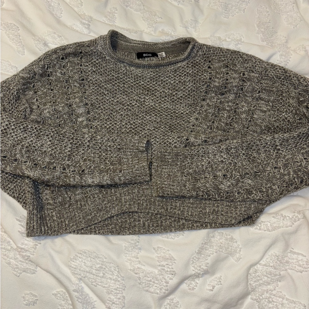 BDG Gray Textured Knit Cropped Crewneck Sweater